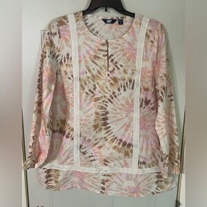 Land’s End Women's Tunic Top Long Sleeve V Neck Pink Brown Tie-Dye Size XLT 18